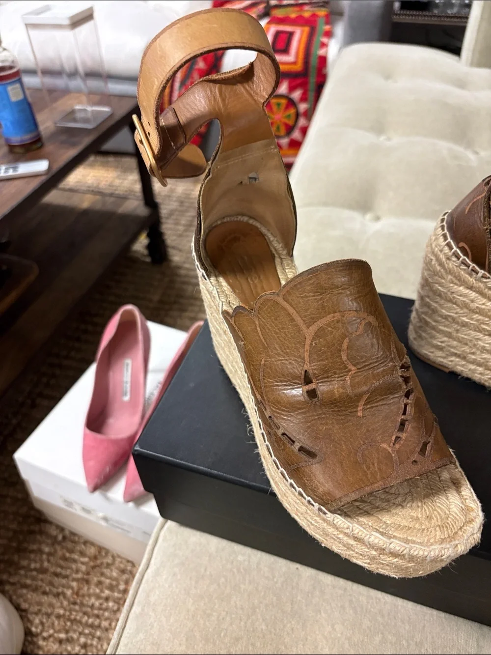 Chloe Brown Leather Espadrille Wedge Sandals with Ankle Strap